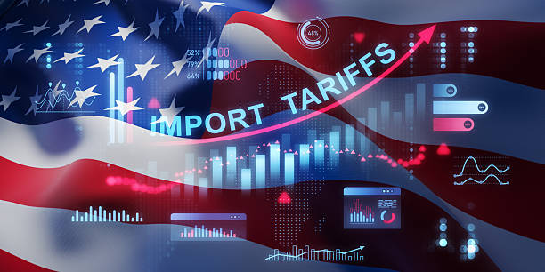 istock Rising import tariffs economic concept with holographic analytics over USA flag background showing trade and market impact visualization. 3D Rendering 2248033876