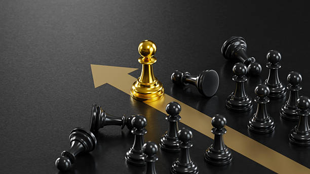istock Golden Chess Pawn Stands on Upward Arrow: Fallen Black Pieces Represent Strategic Progress & Victory 2248035641