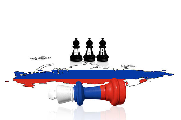 Chess made from flags of Russia with word WAR