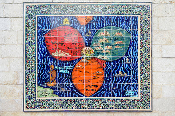 istock Historic Ceramic Map Artwork on Stone Wall in Jerusalem – Colorful Decorative Tile Mosaic of the Ancient World 2248037478
