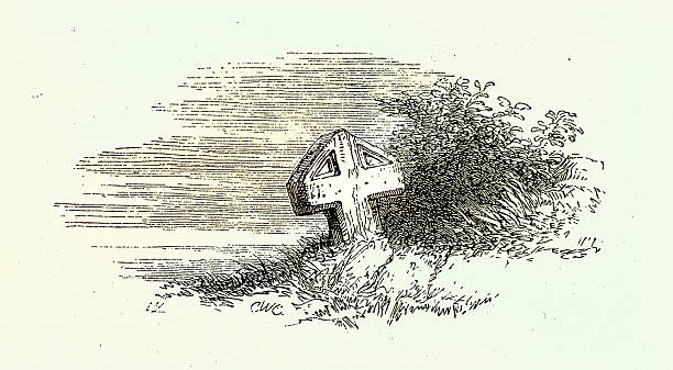 Old cross shaped gravestone leaning to one side, Vintage illustration, 19th Century, Victorian