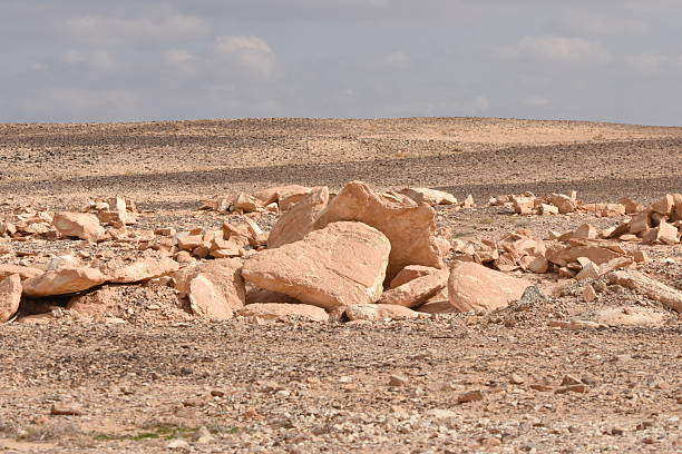 istock Desert landscape with scattered rocks and dry terrain under a cloudy sky in a remote area 2248052522