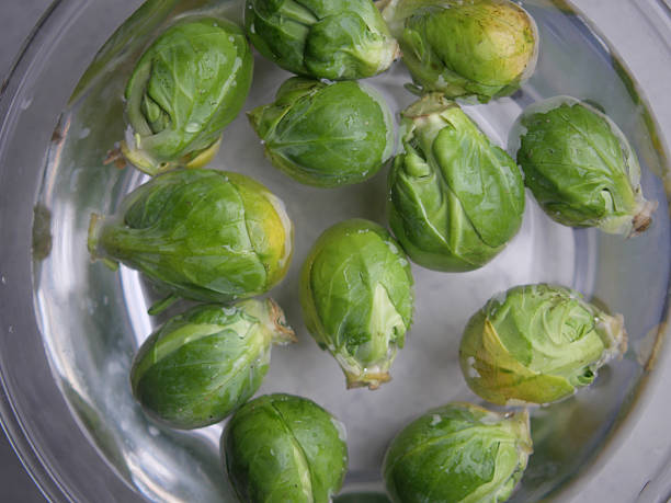 Fresh Brussels sprouts are soaking in water before cooking them.