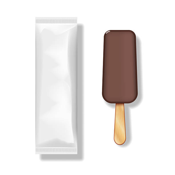 istock Ice cream bar on a wooden stick covered with chocolate glaze and a white blank wrapper isolated on white background top view, realistic 3d vector mockup ice cream packaging. 2248055716