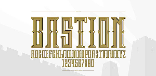 Colossal and monumental epic font, vintage vector typeface for emblems and logos, titles and headlines, display typography in old vintage antique style of empire power.