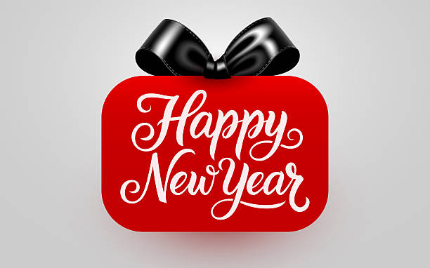 istock Happy New Year red gift tag with black ribbon bow. 2248061490