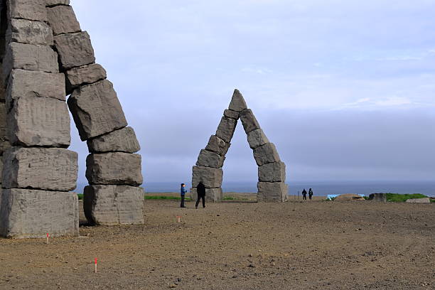 Raufarhofn, Melrakkasletta in North East Iceland - August 29 2025: people enjoy the beautiful north polar The Arctic Henge