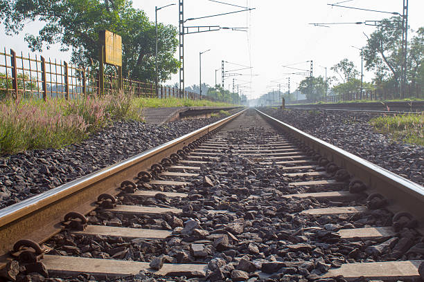 Low-angle view of a railway track stretching into the distance, surrounded by greenery and desho grass along the sides. The image captures perspective, depth, and a calm rural environment.