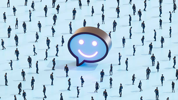 A digitally generated image featuring a AI chatbot icon positioned prominently among a monochrome business crowd, set against a blue environment. Ideal for illustrating concepts in AI integration, digital strategy, and corporate technology.