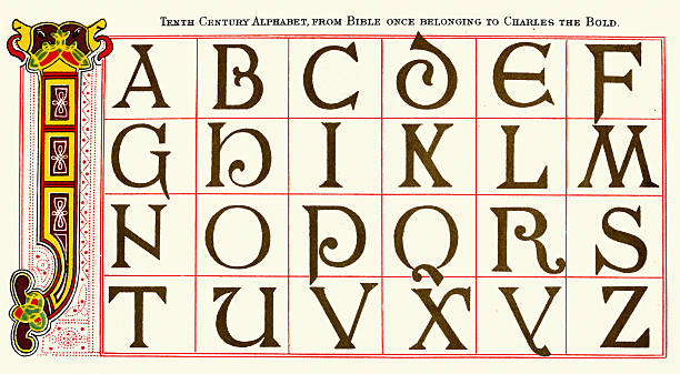 Example of Medieval illuminated manuscript, letters, art, 10th Century, Vintage illustration