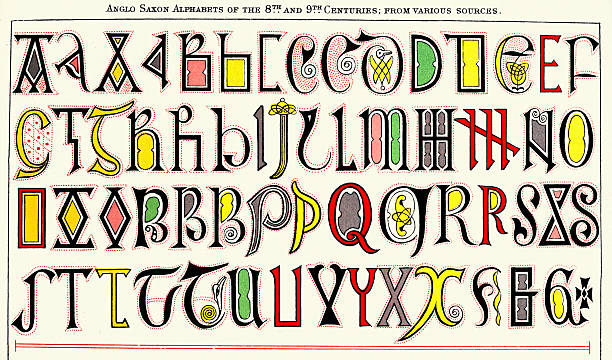 Example of Medieval illuminated manuscript, letters, art, Anglo Saxon 8th and 9th Century, Vintage illustration