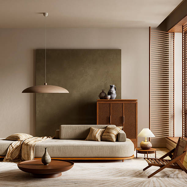 istock Warm minimal interior with organic modern elements, soft lighting, neutral textures, and warm wood creating a balanced, inviting contemporary living space. 3D illustration 2248073048