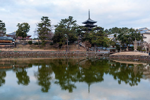 Nara, Japan - January 5, 2020. Outdoor scene showin the sarusawa pond in central Nara.