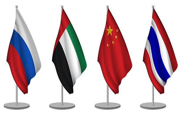 istock Russia, United Arab Emirates, China and Thailand flags on stands set white background. 2248077237