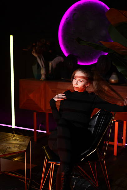 Humanoid Robots on Neon Lighting Road or Tunnel, Futuristic Technology Background. Digitally Generated Image. 3d Render.