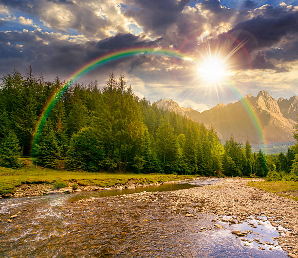istock landscape with mountains, forest and a river in front at sunset 2248077504