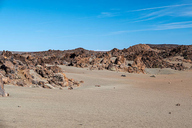 Rock formations and the rugged mountain slopes of El Teide National Park in Tenerife. The scene highlights layered lava structures, earthy tones, and the distinct summit of Teide under a deep blue sky — ideal for concepts of geology, wilderness, natural landscapes, volcanic environments, and conservation areas.