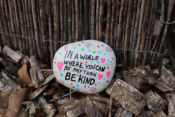 istock Be kind kindness rock on wood chips against old bamboo fence 2248083484