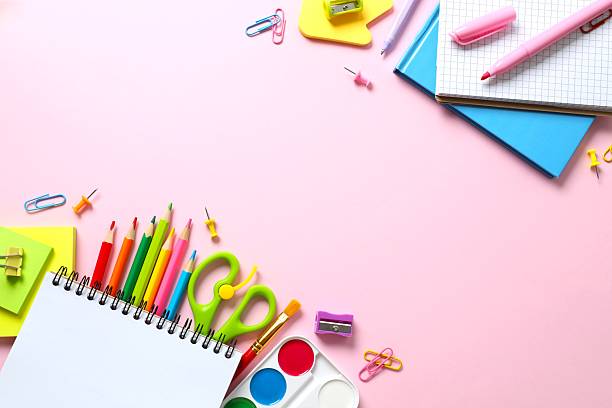 istock Notebook and school stationery on pink background, top view 2248088317