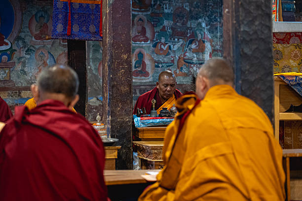 Large group of female Tibetan monks, Norbulingka, Dharamshala, Himachal Pradesh, India. Norbulingka is dedicated to the preservation of Tibetan culture in all literary and artistic forms, based in Dharamsala, home to Tibetan refugees in exile and His Holiness the Dalai Lama. Himachal Pradesh, a state in the Western Himalayas of northern India, characterised by extreme landscapes of mountain peaks and extensive river systems.