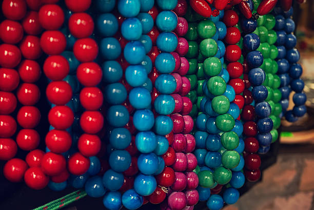 Wooden red beads in national ukrainian folk style on the market