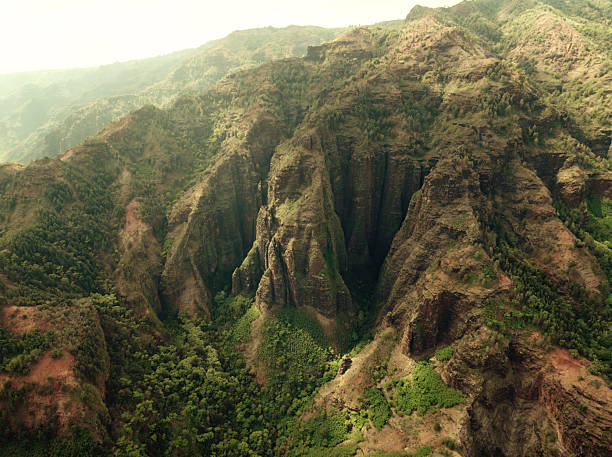 Kauai mountain ridges with steep cliffs and dense green vegetation across a deep valley. The image provides visible natural terrain for geographic, environmental, and educational reference.