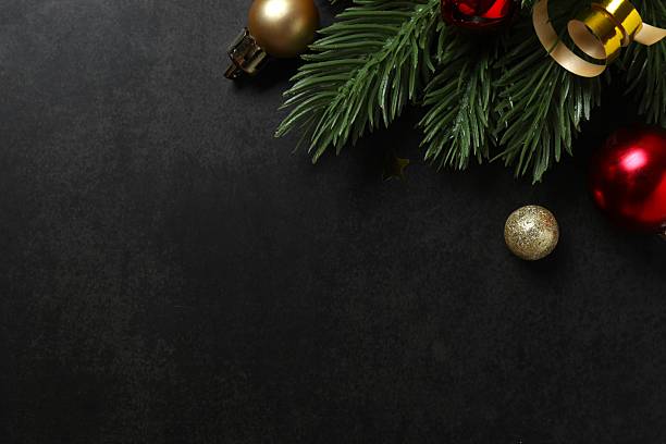 istock Golden Christmas ornaments and pine branches on a black background. Flat lay, top view 2248103082
