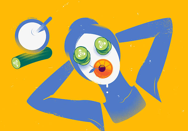 A young woman has put on a cucumber mask. The cucumber slices pile up on her face. She even has an orange slice and a cherry on her mouth. The woman lies relaxed, her arms crossed behind her head. In terms of content, it is about wellness, beauty and skin protection. The picture uses the stylistic device of exaggeration. textured vector illustration.