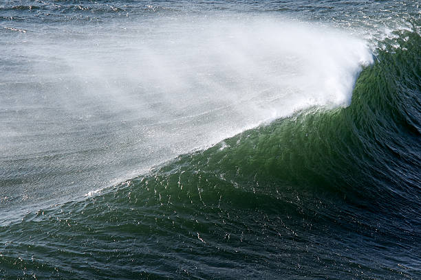 Big ocean transparent standing wave, wind blows the sea spray. Sunlight