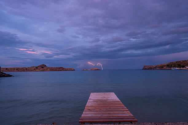 Wooden pier extending into a calm bay as lightning flashes across the twilight sky