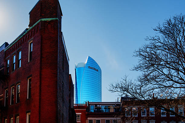 Boston, Massachusetts, USA - November 19, 2025: View from Boston's old North End neighborhood of the modern State Street building (c. 2023) at One Congress Street in the Bulfinch area of downtown Boston. The building is 612 ft./197m. tall. The North End is the city's oldest residential community, having been inhabited since it was colonized in the 1630s. It is known for its Italian American population and Italian restaurants.