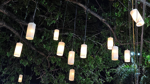 istock Rows of glowing rectangular paper lanterns strung across a street at night 2248120504