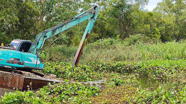 istock Excavators dig up water hyacinth in the canal to keep it clean. 2248120572