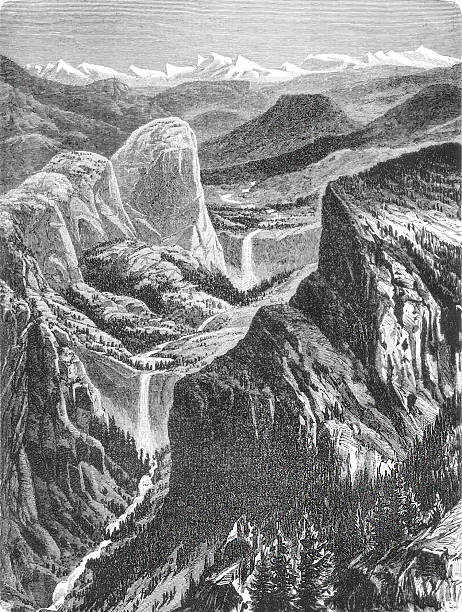 Yosemite Valley with iconic granite cliffs and Merced River, showing glacial geology and sequoia forests for geographical studies and natural heritage documentation, old vintage illustration, 1899