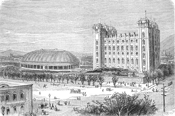 Salt Lake Temple with distinctive spires and Tabernacle building, showing Mormon pioneer architecture and religious settlement development in Utah territory, old vintage illustration, 1899