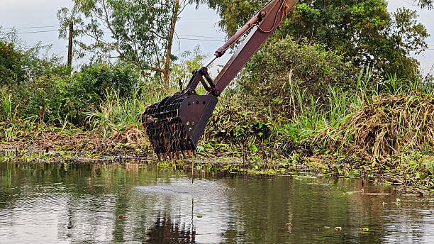 istock Excavators dig up water hyacinth in the canal to keep it clean. 2248121154