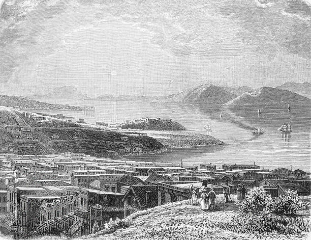 istock San Francisco cityscape with Golden Gate strait and harbor activity, showing urban development and maritime importance during California's economic growth period, old vintage illustration, 1899. 2248121166