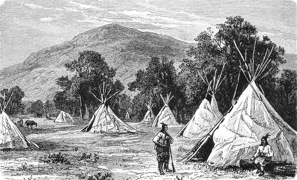 Comanche tribal encampment with tipis and horse herd on Great Plains, showing Native American lifestyle and cultural traditions during Western expansion era, old vintage illustration, 1899