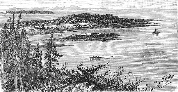 Fort Simpson trading post with log buildings and river transportation on Mackenzie River, showing fur trade operations and Northern Canadian frontier settlement, old vintage illustration, 1899