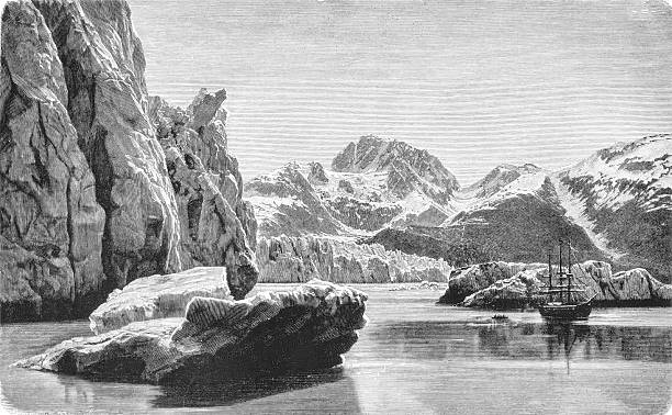 A massive tidewater glacier calving into ocean on Alaska's northwestern coast, showing glacial dynamics and Arctic landscape formation processes, old vintage illustration, 1899