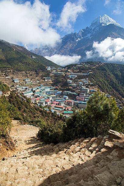View of Namche bazar and mount thamserku, way to mount Everest base camp, Khumbu valley, Sagarmatha national park, Solukhumbu, Nepal Himalaya mountain