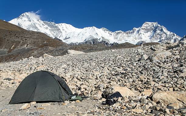 camping under mount cho oyu, cho oyu base camp, nepal himalaya mountain
