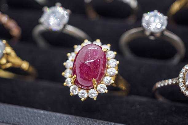 Gold jewelry red ruby diamond rings show in luxury retail store display showcase