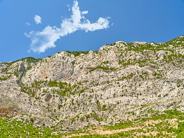 A rugged natural escarpment under a clear blue sky.