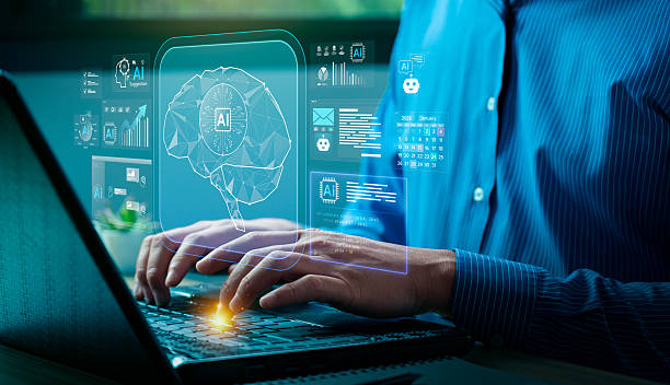 istock Artificial intelligence brain interface concept with digital hologram of AI neural network, futuristic data visualization representing deep learning, innovation technology, machine intelligence system 2248132899