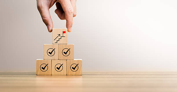 istock Success building concept with hand stacking wooden blocks step by step, showing checkmarks and progress icons, representing achievement, planning, strategy, and long-term development. 2248132925