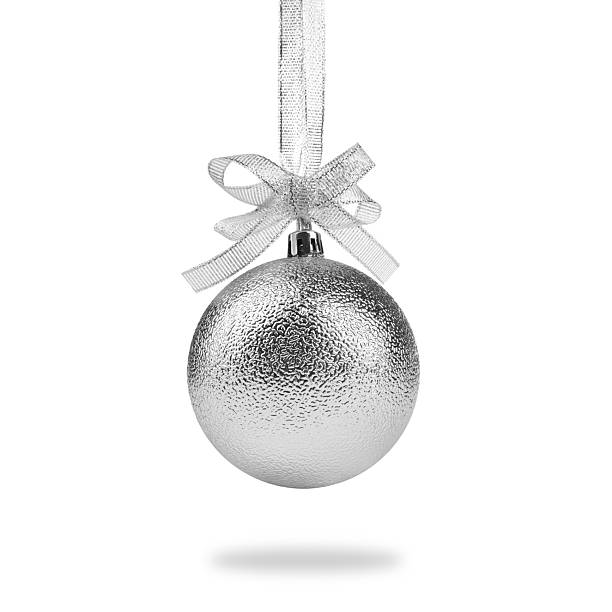istock Beautiful silver Christmas ball with bow hanging on white background 2248133566