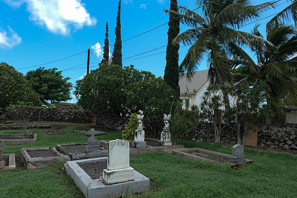 Small tropical Hawaiian old cemetery in remembrance of deceased citizens.