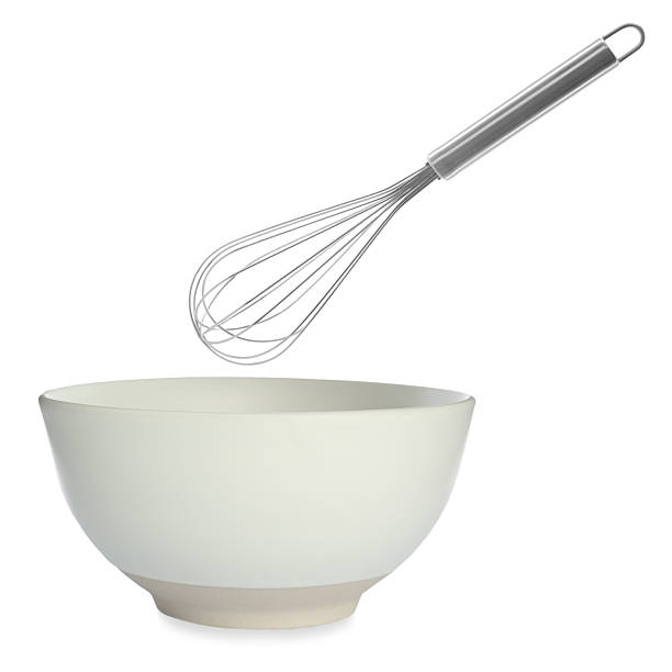 istock Metal whisk and ceramic bowl isolated on white. Cooking utensils 2248136626
