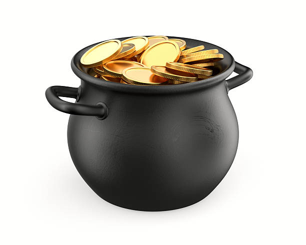 istock Iron black cauldron full shiny gold coin on white background. Is 2248138819
